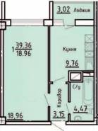 1-комнатная квартира 39,36 м²