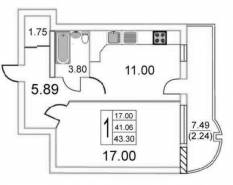 1-комнатная квартира 43,30 м²