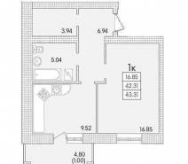 1-комнатная квартира 43,31 м²