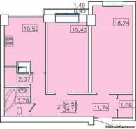 2-комнатная квартира 64,58 м²