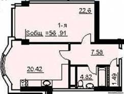 1-комнатная квартира 56,91 м²