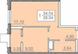1-комнатная квартира 38,04 м²