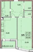 1-комнатная квартира 59,65 м²