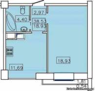 1-комнатная квартира 38,53 м²