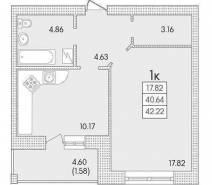 1-комнатная квартира 42,22 м²