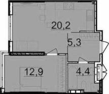 1-комнатная квартира 42,8 м²