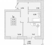1-комнатная квартира 43,50 м²
