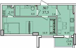 1-комнатная квартира 37,5 м²
