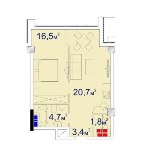 Планировка однокомнатной квартиры 48,62 м²