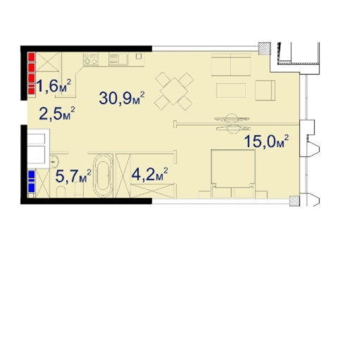 Планировка однокомнатной квартиры 62,73 м²