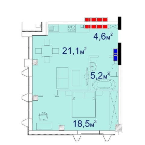 Планировка однокомнатной квартиры 50,72 м²
