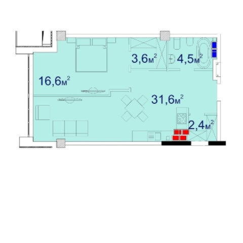 Планировка однокомнатной квартиры 60,82 м²