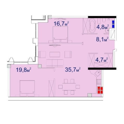 Планировка двухкомнатной квартиры 91,69 м²