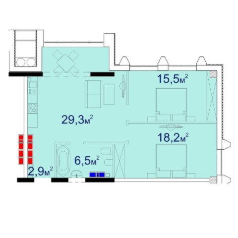 Планировка двухкомнатной квартиры 73,77 м²
