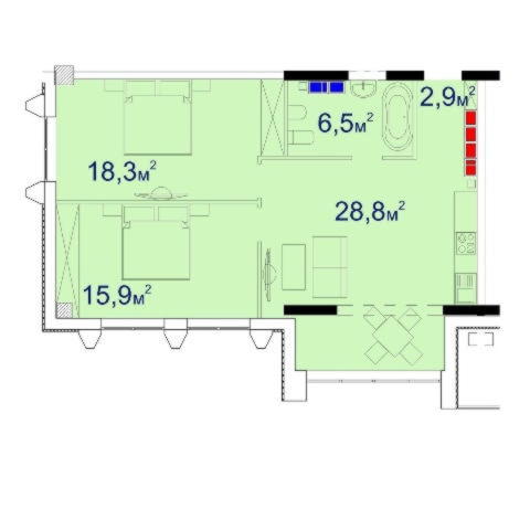 Планировка двухкомнатной квартиры 73,74 м²