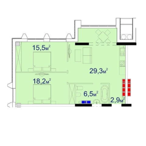 Планировка двухкомнатной квартиры 73,79 м²