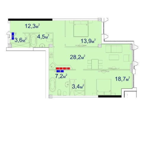 Планировка двухкомнатной квартиры 95,28 м²