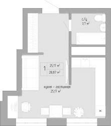 1-комнатная квартира 28,87 м² в ЖК «Акварель»
