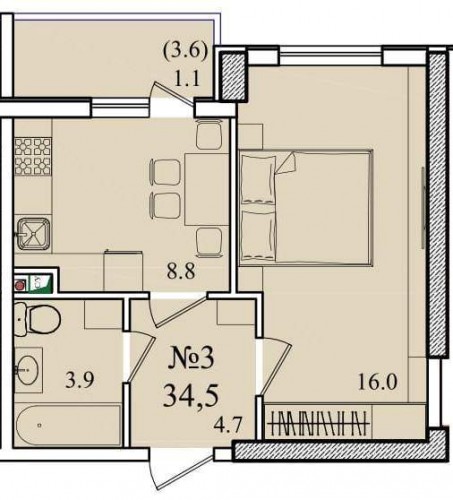 1-комнатная квартира 34,50 м² в ЖК «Восход»
