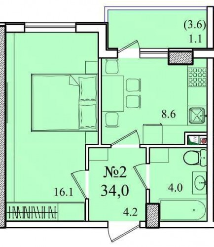 1-комнатная квартира 34,00 м² в ЖК «Восход»