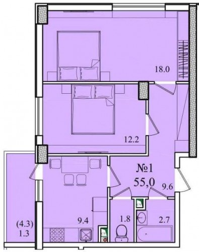 2-комнатная квартира 55,00 м² в ЖК «Восход»