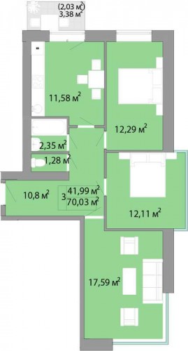 3-комнатная квартира 70,03 м²
