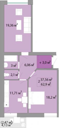 2-комнатная квартира 62,90 м²
