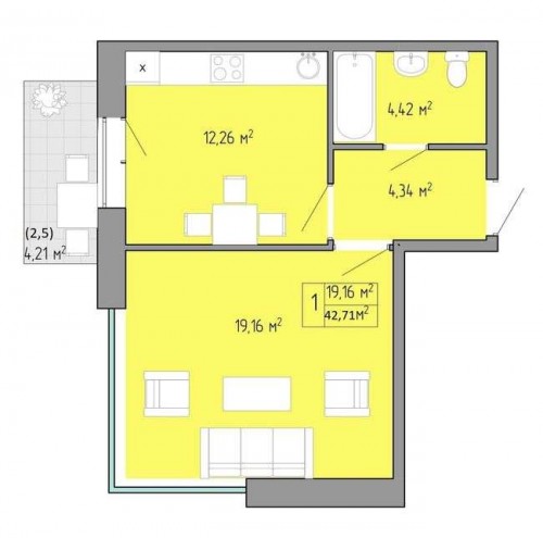 1-комнатная квартира 42,71 м²