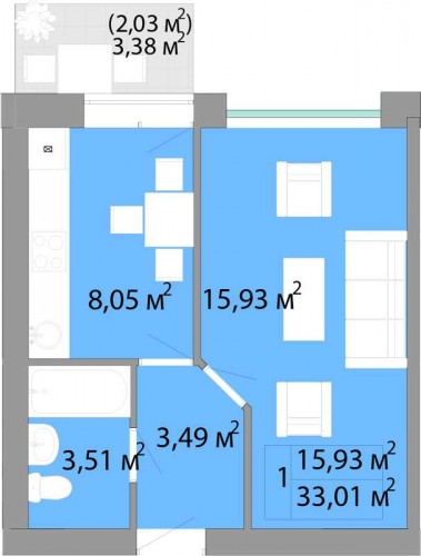 1-комнатная квартира 33,01 м²