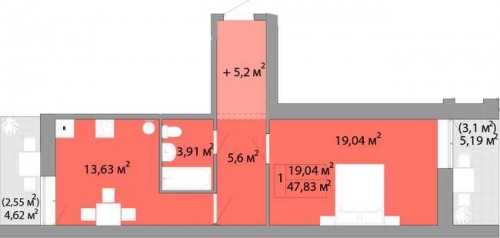 1-комнатная квартира 47,83 м²