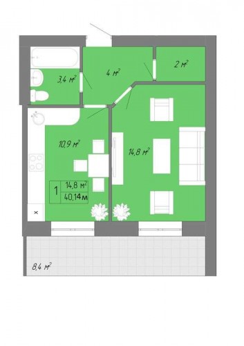 1-комнатная квартира 37,62 м²
