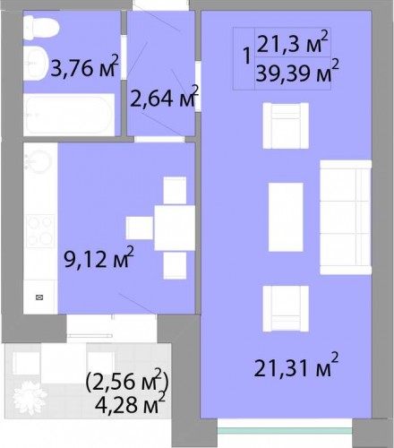 1-комнатная квартира 39,39 м²