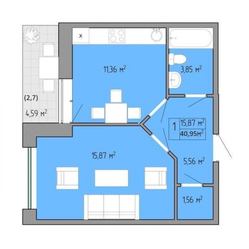 1-комнатная квартира 40,95 м²