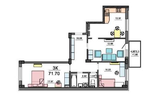 3-комнатная квартира 71,70 м²