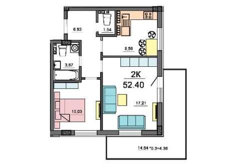 2-комнатная квартира 52,40 м²