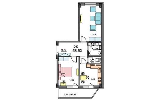 2-комнатная квартира 58,50 м²