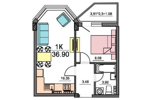 1-комнатная квартира 36,90 м²