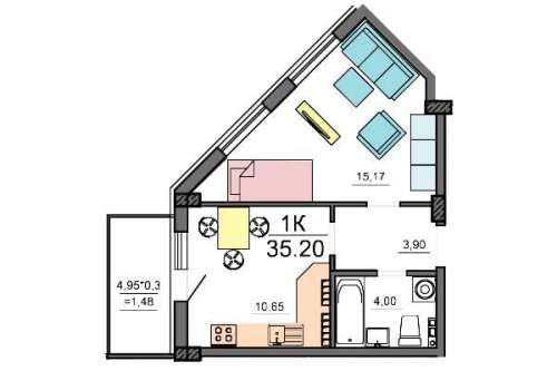 1-комнатная квартира 35,20 м²