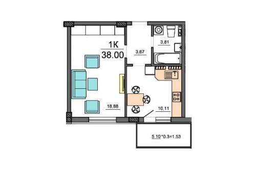 1-комнатная квартира 38,00 м²