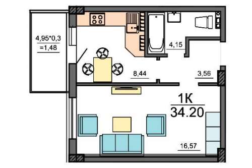 1-комнатная квартира 34,20 м²
