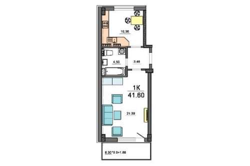 1-комнатная квартира 41,60 м²